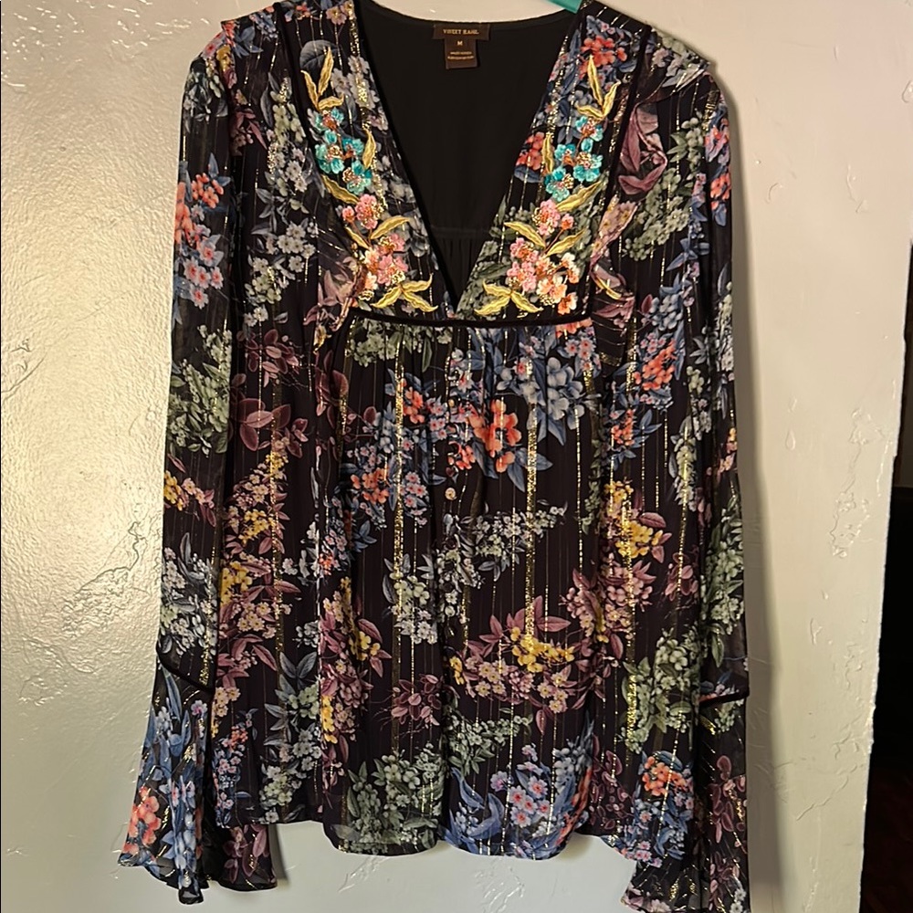 Floral Navy Blouse with Embroidered Details Vineet Bahl